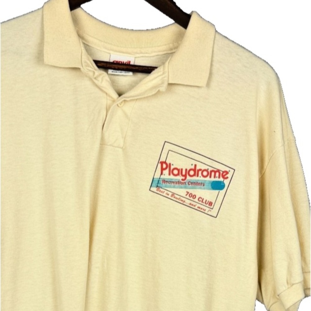 Vintage Anvil Polo Shirt Mens XL Cream Playdrome Bowling Graphic Made in USA